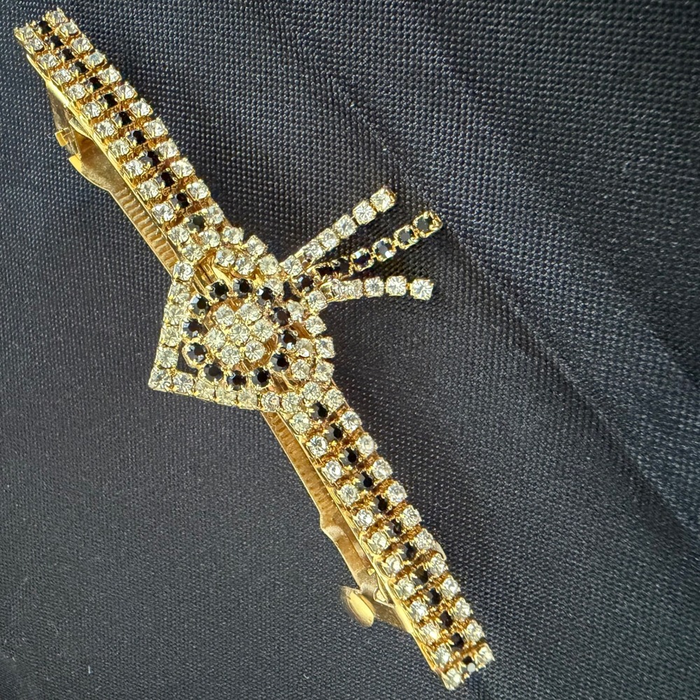 Vintage Gold Tone Rhinestone Geometric Hair Barrette Black Clear Crystals Works
